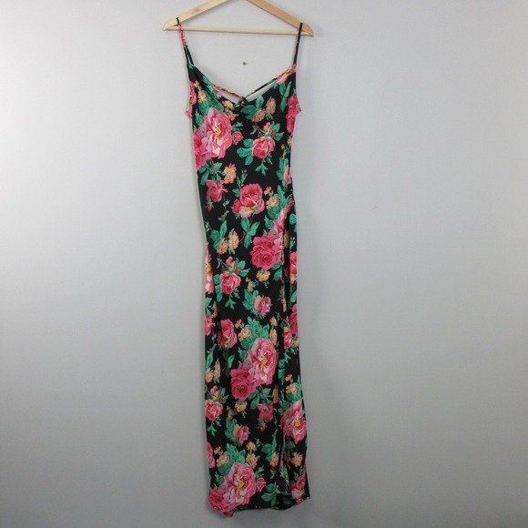 For Love & Lemons Becca Backless Maxi Dress XS Black Pink Floral Slit Party 226 - Picture 1 of 10